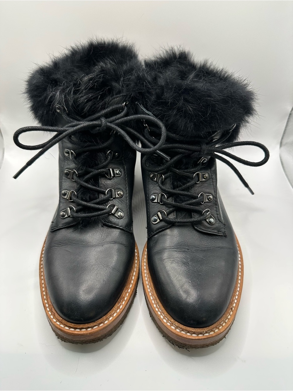 Botkier Black Leather Lace-Up Winter Boots with Real Rabbit Fur Collar & Tonque